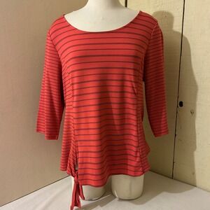 Habitat Womens L Coral Orange Black Striped 3/4 Sleeve Side Tie Top 57621